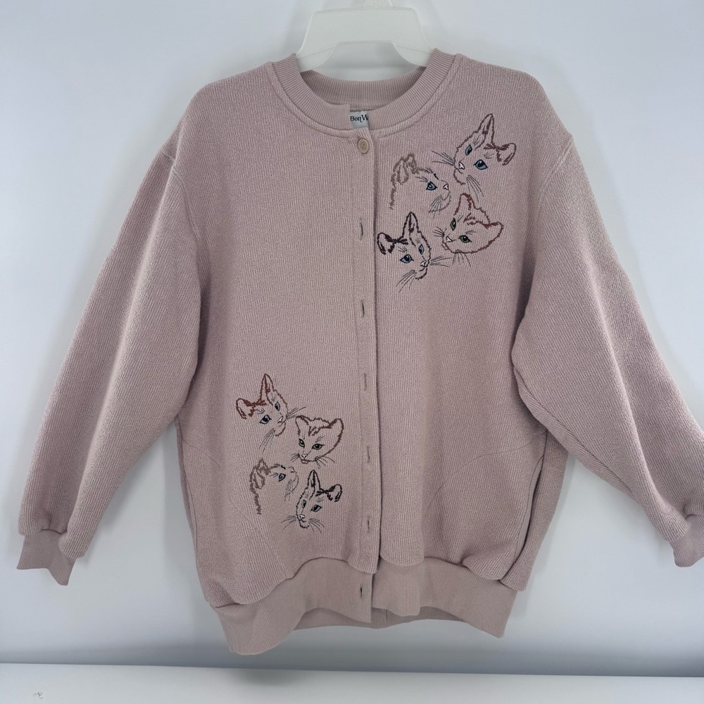 Vintage Cardigan Sweater Cats Kitten Embroidered Button Front Pockets Size‎ MP